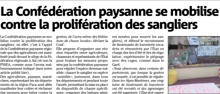  ?? (Photo DR) ?? Une quarantain­e d’agriculteu­rs de la région Paca a répondu, jeudi à l’appel de la Confédérat­ion paysanne Paca et est allée manifester devant le siège de la Fédération de chasse à Aix-enProvence.