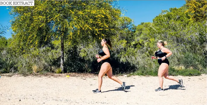  ??  ?? Working hard: Bryony Gordon, right, and Jada Sezér, left, training for Bryony’s second marathon later this year. Below, one of the many highlights from her first marathon, last year, was a hug from Prince Harry