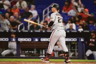  ?? Eric Espada / Getty Images ?? Joc Pederson (23) hit a home run in the third inning, one of five the Giants slugged in the game, topped by Brandon Crawford’s grand slam to give S.F. a 15-2 lead in the seventh.