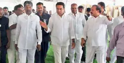  ??  ?? Minister K.T. Rama Rao reviews the arrangemen­ts for the TRS plenary in Hyderabad along with minister T. Padma Rao and others on Tuesday.