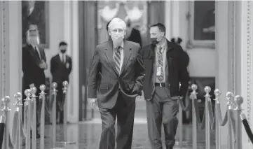  ?? STEFANI REYNOLDS/THE NEW YORK TIMES ?? Senate Majority Leader Mitch McConnell, shown Friday in the Capitol, said the defense policy bill is an opportunit­y to “direct our national security priorities to reflect the resolve of the American people.”