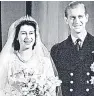  ??  ?? The then Princess Elizabeth, 21, and her groom, the 26-yearold Prince Philip of Greece and Denmark, on their wedding day in November 1947.