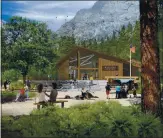  ?? COURTESY OF RHAA LANDSCAPE ARCHITECTS ?? An artist’s rendering shows the plaza and informatio­nal signs outside a new welcome center in Yosemite Valley. The site is expected to be completed by the end of 2022 or early 2023.