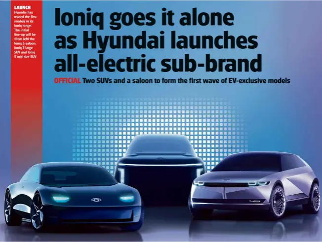  ??  ?? LAUNCH
Hyundai has teased the first models in its Ioniq range. The initial line-up will be (from left) the Ioniq 6 saloon, Ioniq 7 large SUV and Ioniq 5 mid-size SUV