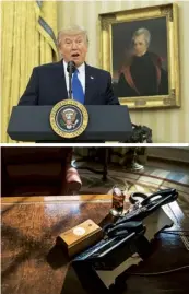  ??  ?? Trump beneath the portrait of Andrew Jackson; a Diet Coke on the Resolute desk