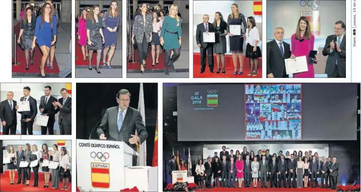  ??  ?? GRAN NOCHE. Arriba, Eva Calvo, Isabel Sánchez y Lucila Pascua, Mohedano y Valentín y Ruth Beitia. Abajo, Craviotto y Toro, las gimnastas, Rajoy y la foto de grupo.