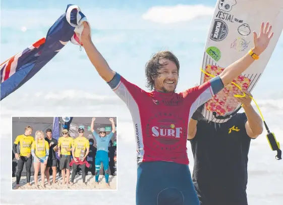  ?? Pictures: ETHAN SMITH/SURFING NSW AND BEN STAGG/SURFING QLD ?? Jay Phillips celebrates his first Australian title in the over-40 masters division and (inset) jubilant Snapper Rocks Surfriders Club members (from left) Kai Tandler, Piper Harrison, Thomas Carvalho, Quinn Bruce, Dextar Muskens and Phillips.