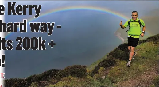  ?? Photo by Valerie O’Sullivan ?? Rainbow Warrior David Toomey, Listowel, gives a thumbs-up as he makes short work of the vertiginou­s pass above Mountain Stage – on the slope of Drung – during the Kerry Way Ultra Marathon.