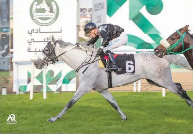  ?? ?? ↑
Tadhg O’shea rides Ernst Oertel-trained AF Rami towards the finish line to win the Damess handicap in Abu Dhabi on Thursday.