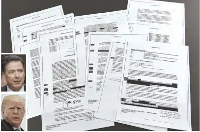  ?? AP PHOTOS ?? MEETING NOTES: Copies of the memos written by former FBI Director James Comey, top inset, about meetings with President Trump, lower inset, are photograph­ed in Washington.