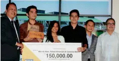  ??  ?? UP DILIMAN’S Afan, Martin and Khemlani (above), first prize winners for their school design (right photo), with Charlie Ayco (left), managing director of Habitat for Humanity, Joey F. Santos, real estate division general manager of Ortigas & Co., and...