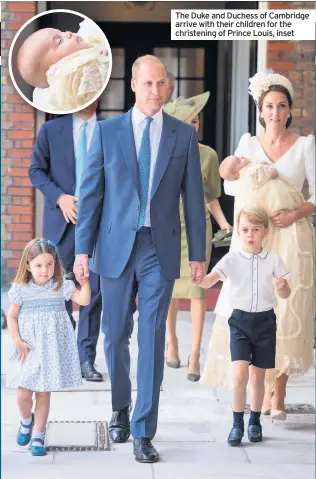  ??  ?? The Duke and Duchess of Cambridge arrive with their children for the christenin­g of Prince Louis, inset