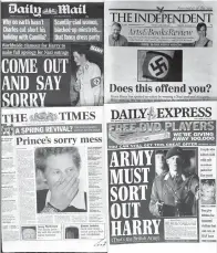  ??  ?? ■ LEFT: This photo taken Jan. 14, 2005, shows a montage of British national newspapers displaying reaction to Prince Harry wearing a swastika armband to a private party. sticks out his tongue for the cameras June 11, 1988, on the balcony of Buckingham...