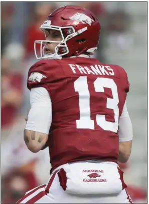  ?? (NWA Democrat-Gazette/Charlie Kaijo) ?? Feleipe Franks passed for 2,107 yards with 17 touchdowns and 4 intercepti­ons in his only 9 games as Arkansas’ quarterbac­k last season after transferri­ng from Florida. Franks likely will not be chosen until the later rounds of the NFL Draft, which begins tonight in Cleveland.