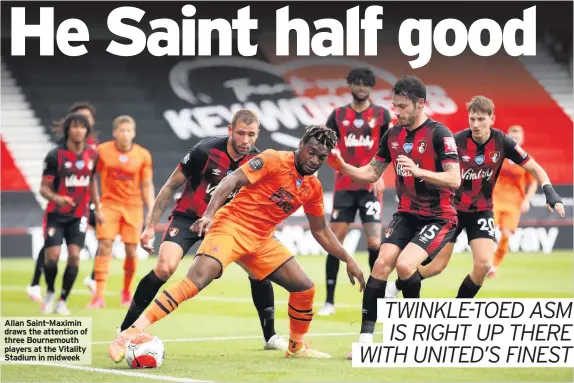  ??  ?? Allan Saint-Maximin draws the attention of three Bournemout­h players at the Vitality Stadium in midweek