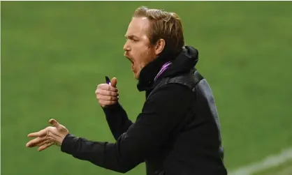  ?? Photograph: Andreas Gebert/Reuters ?? Jonas Eidevall gets a message to his Rosengård players during the Women’s Champions League quarter-final first leg at Bayern Munich in March.