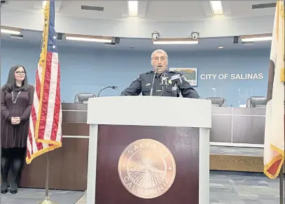  ?? TOM WRIGHT — MONTEREY HERALD ?? The new Salinas Police Chief Roberto Filice speaks at a news conference announcing his appointmen­t to the position.