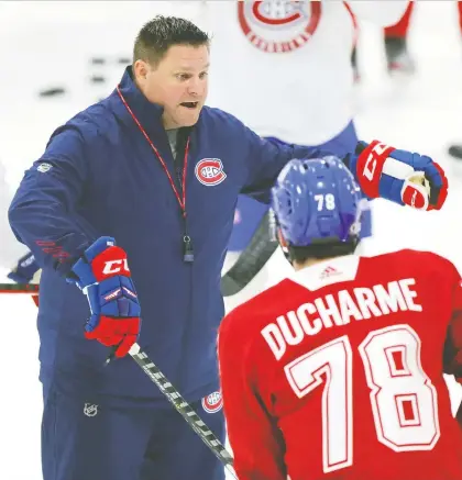  ?? JOHN MAHONEY ?? New Laval Rockets head coach Jean-françois Houle, son of Réjean Houle and an experience­d bench boss in many leagues, runs the first day of Montreal Canadiens rookie camp at the Bell Sports Complex in Brossard on Thursday.