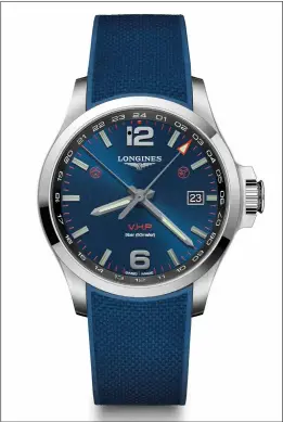  ??  ?? the conquest V.H.P gMt flash setting in stainless steel with blue dial and blue rubber strap