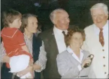  ??  ?? Tip O’Neill (back right), with relatives Mary Smyth and her daughter, Lorraine; and Mary’s parents, Patrick and Emily O’Neill, during Tip O’Neill’s visit to Mallow in 1987.