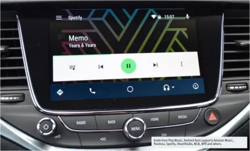  ??  ?? Aside from Play Music, Android Auto supports Amazon Music, Pandora, Spotify, iHeartRadi­o, MLB, NPR and others.