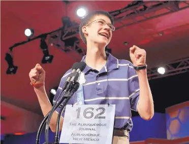  ?? ASSOCIATED PRESS ?? Matthew Evans of Albuquerqu­e celebrates in the fifth round of the 2008 Scripps National Spelling Bee in Washington, D.C. Evans, now 24, won the state spelling bee five times.