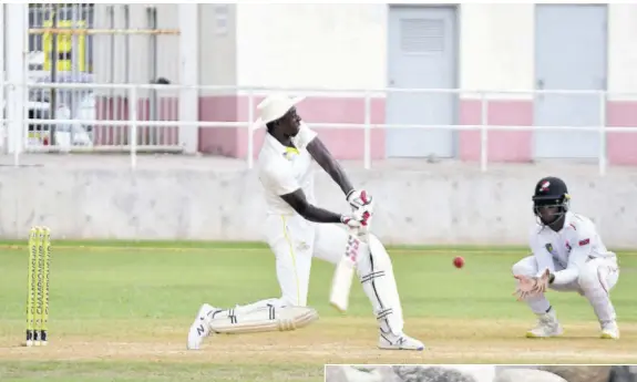  ?? ?? Jamaica Scorpions’ Andrae Dennis (left) launches a six during the West Indies Championsh­ip seventh-round cricket match against Trinidad and Tobago Red Force at Sabina Park on Friday.