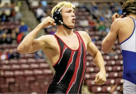  ?? NATE HECKENBERG­ER — FOR DIGITAL FIRST MEDIA ?? Elijah Jones of Boyertown celebrates after beating Connellsvi­lle’s Nate Ansell, 3-1, in the 195-pound consolatio­n semifinals on Saturday in Hershey.