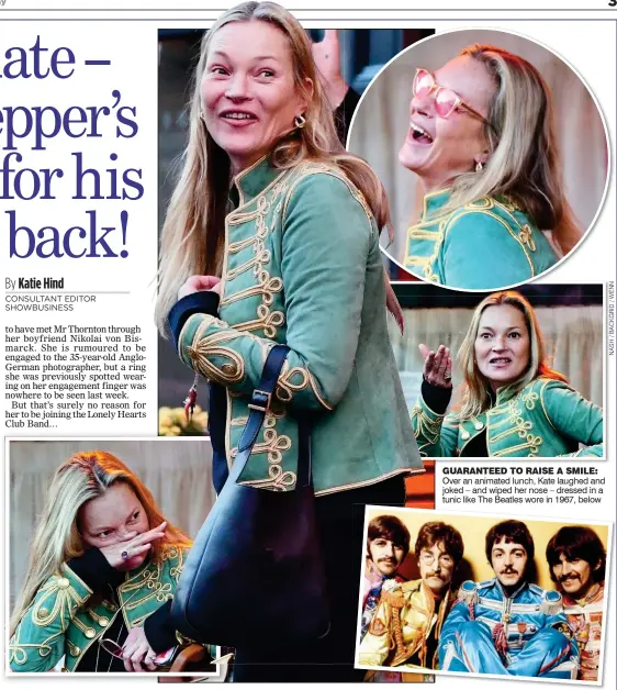  ?? ?? GUARANTEED TO RAISE A SMILE: Over an animated lunch, Kate laughed and joked – and wiped her nose – dressed in a tunic like The Beatles wore in 1967, below