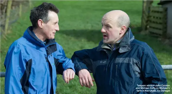  ??  ?? Teagasc advisor John Cannon and Michael Duffy on Michael’s farm in Kerrykeel, Co Donegal