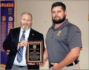  ??  ?? Left: Officer Zach Doan (right) received the Floyd County Police Department Respect for Law award from Assistant Police Chief Tom Ewing. Right: Department of Community Supervisio­n Chief Robert Gross (left) presented his agency’s Respect for Law award to Officer Cody Franklin during a luncheon hosted by four local civic clubs.