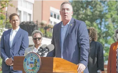  ?? MARK CAPAPAS/SUN-TIMES ?? Chicago Park District Supt. Michael Kelly said Friday at the ribbon-cutting ceremony for a bridge project at Irving Park Road that “I don’t love” the decision to install life rings along the lakefront, “but this decision needs to be made.”