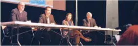  ?? | MITCH DUDEK~SUN-TIMES ?? CPS officials Matt Walters (from left), senior budget analyst; Greg Volan, budget manager for schools; Jennie Huang-Barrett, treasurer, and Peter Rogers, CFO, field questions Thursday.