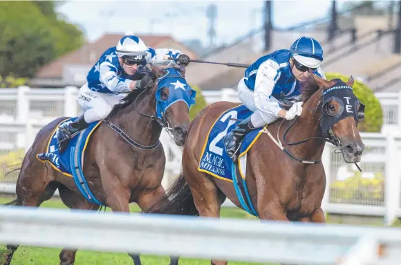  ?? Picture: TOBY COUTTS ?? Jockey Brad Stewart rides Vanna Girl to victory in the Group 2 The Roses at Eagle Farm yesterday