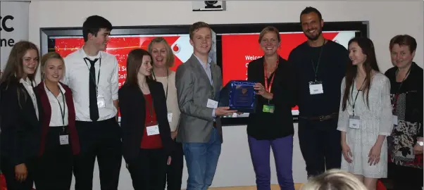  ??  ?? Colaiste Bhride Carnew students Rebecca Doran, Erynn O’Toole, Ross Deane, Rachel Murtagh and Cody Cullen being presented with their award by Natalie Hodgess and Will Hodgess. Also pictured is Sophie Healy-Tow and teacher Eleanor Lee.