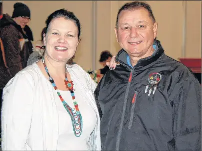  ?? JASON DALEY/THE GUARDIAN ?? Montague Regional High School art teacher Kathryn Rajamanie, left, has a chance to meet with Chief Brian Francis of Abegweit First Nation during the quilling workshop Friday at Montague Regional High School.