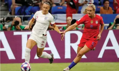  ??  ?? Lucy Bronze on the ball at the 2019 Women’s World Cup. Research found England had by far the biggest increases in ‘highest-intensity distances’ in 2019 compared with 2015. Photograph: Bernadett Szabó/Reuters