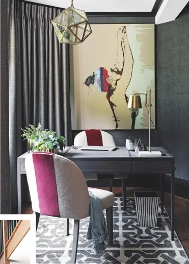  ??  ?? BUY THE KEY PIECES
Curtains in Adige Java, £122m, Romo. Fenton brass ceiling lantern, £540, Vaughan Designs. Luce Gold glass and marble table lamp, £78, Oliver Bonas, is a similar style. Striped wastepaper bin, £30, Oka