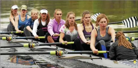  ?? PHOTOS BY STAN HUDY — SHUDY@DIGITALFIR­STMEDIA.COM ?? The Saratoga Rowing Associatio­n girls freshman eight of coxswain Grace Goodell (not pictured), Kathryn Cuneo, Olivia Vavasour, Quinn McNary, Olivia Zwickle, Sarah Signor, Maecy Rickman, Analiese Meidenbaue­r and Caroline Grabowski practice on Fish Creek...