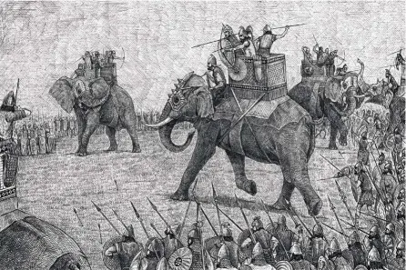  ?? ?? Durante las guerras púnicas los elefantes de guerra llevaban armaduras pesadas y transporta­ban encima una torre, llamada howdah, con arqueros y hombres armados con sarissas (una pica de 6 m de largo).
