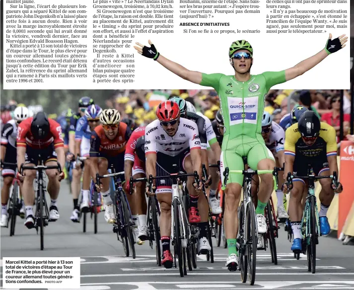  ?? PHOTO AFP ?? Marcel Kittel a porté hier à 13 son total de victoires d’étape au Tour de France, le plus élevé pour un coureur allemand toutes génération­s confondues.