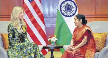  ?? PTI PHOTO ?? External affairs minister Sushma Swaraj in a meeting with Ivanka Trump, Adviser to the US President ahead of the Global Entreprene­urship Summit in Hyderabad on Tuesday.