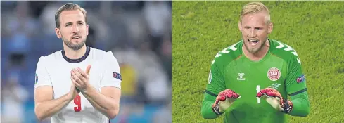  ?? PHOTOS BY AFP ?? England’s Harry Kane, left, will try to score against Denmark goalkeeper Kasper Schmeichel when they meet in the semi-final at Wembley today.