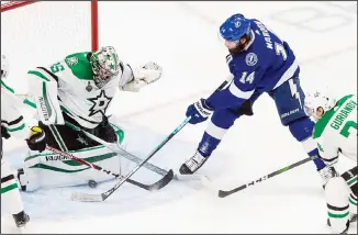  ??  ?? Dallas Stars goalie Anton Khudobin (35) makes a save against Tampa Bay Lightning’s Pat Maroon (14) during
first-period NHL Stanley Cup finals hockey action in Edmonton, Alberta on Sept 21. (AP)