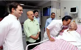  ?? — PTI ?? Congress president Rahul Gandhi visits ailing DMK president M. Karunanidh­i, who continues to remain in the intensive care for the fourth consecutiv­e day, at the Kauvery Hospital in Chennai on Tuesday.