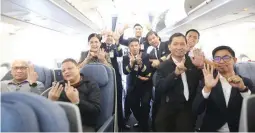  ??  ?? PAL’S 6th A321NEO – Philippine Airlines’ sixth brand-new Airbus A321neo took off from the Airbus complex in Finkenwerd­er, Germany, December 31, 2018, arriving Manila on New Year’s Day. Top photo shows delivery crew upon arrival in Manila – from left, Ian Echavez (Civil Aviation Authority of the Phils.), John Cumigad (CAAP), Dolly Gabriel (PAL Corp. Finance), Capt. Rene Atilano, First Officer Dan Lat (behind), First Officer Justin Isaac (front), Capt. Barney Charles Ramos Guevarra (A321 deputy chief pilot), Rhodell Agustin (Lufthansa Technik Phils.), Mark Arpon (behind, LTP) and Quin Catabui (aircraft engineerin­g &amp; team head).