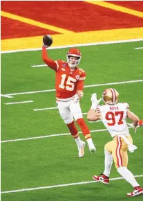  ?? TYLER KAUFMAN/ASSOCIATED PRESS ?? Kansas City Chiefs quarterbac­k Patrick Mahomes (15) throws during the first half of Super Bowl 58 on Sunday.