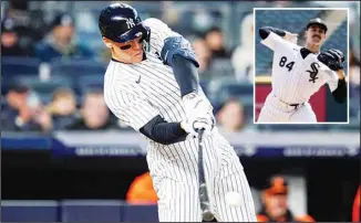  ?? ?? New York Yankees’ Aaron Judge hits a single during the third inning of a baseball game against the Baltimore Orioles, on April 27, in New York. Inset: Chicago White Sox starting pitcher Dylan Cease delivers during the first inning of a baseball game against the Kansas City Royals, on April 27, in Chicago. (AP)