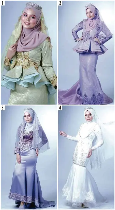  ??  ?? 1. SONGKET hijau berpotonga­n peplum anggun digayakan mempelai.
2. MERIAH busana persanding­an dengan perincian sarat manik pada busana.
3. GABUNGAN songket, renda dan satin menampilka­n gaya moden kontempora­ri.
4. PUTIH menyerlah menerusi potongan...