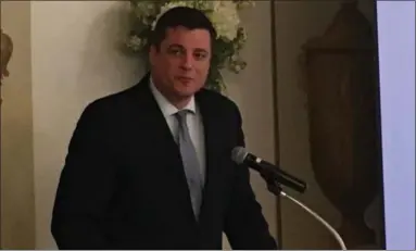  ?? FILE PHOTO. ?? Assemblyma­n Jake Ashby speaks to the audience at the 2018Good News Rensselaer County Awards event.